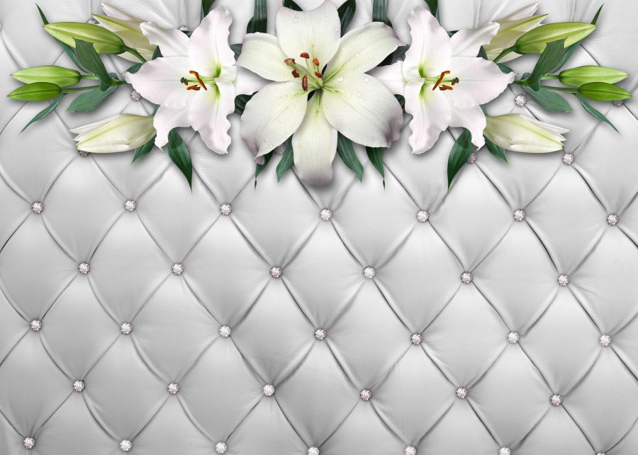 Фреска Лилии 3Д на белом фоне