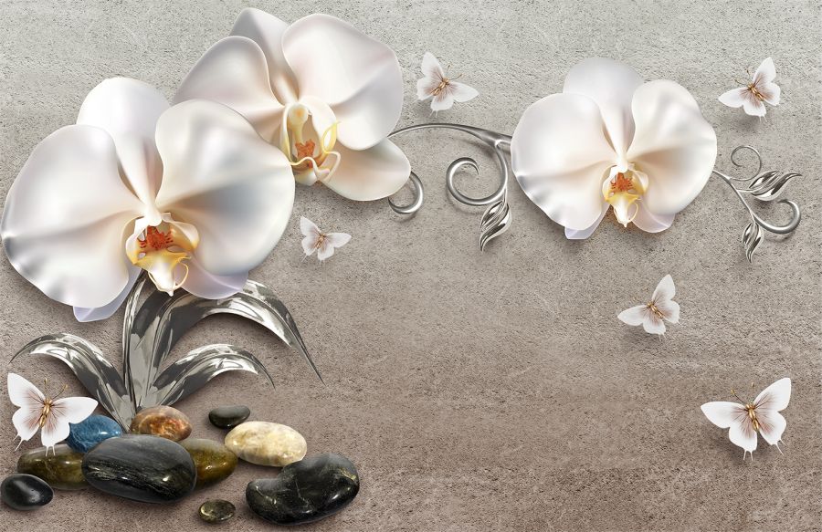 Фреска 3D Белые орхидеи на фоне стены