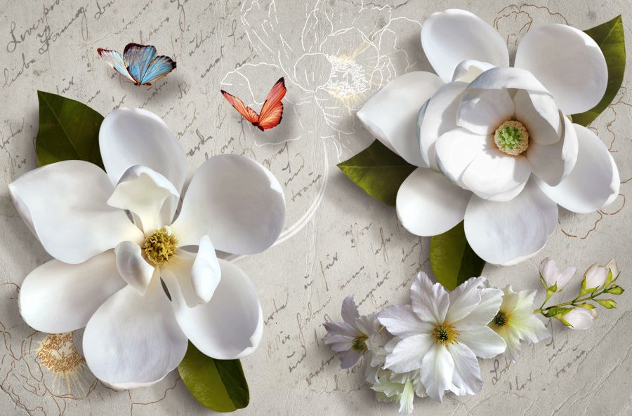 Картина на холсте Белые 3D цветы и бабочки, арт hd1498201