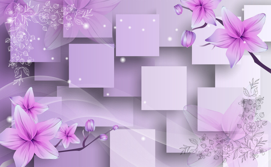 Фреска 3D Цветы и квадраты в фиолетовых оттенках